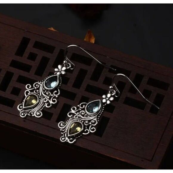 Blue  Yellow Pear Shaped Topaz Filigree Silver Alloy Earrings French Wire Dangle - Picture 3 of 4